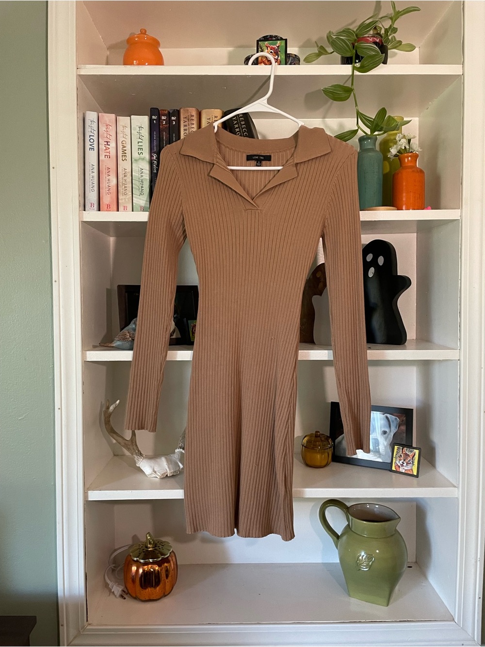 Love Tree Ribbed Long-Sleeve Polo Dress in Camel Brown